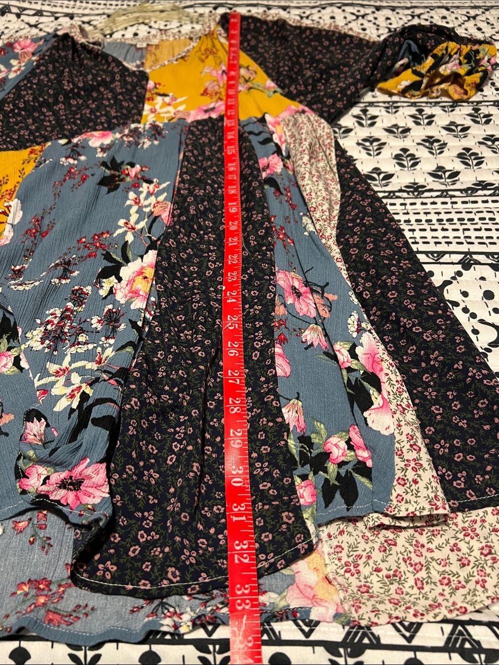 Umgee Multi-Panel Floral Patchwork Mini Dress in Mustard, Blue & Black - Picture 6 of 7